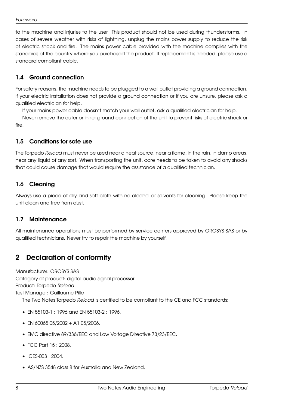 Ground connection, Conditions for safe use, Cleaning | Maintenance, Declaration of conformity, 2declaration of conformity | Two Notes Reload User Manual | Page 8 / 51