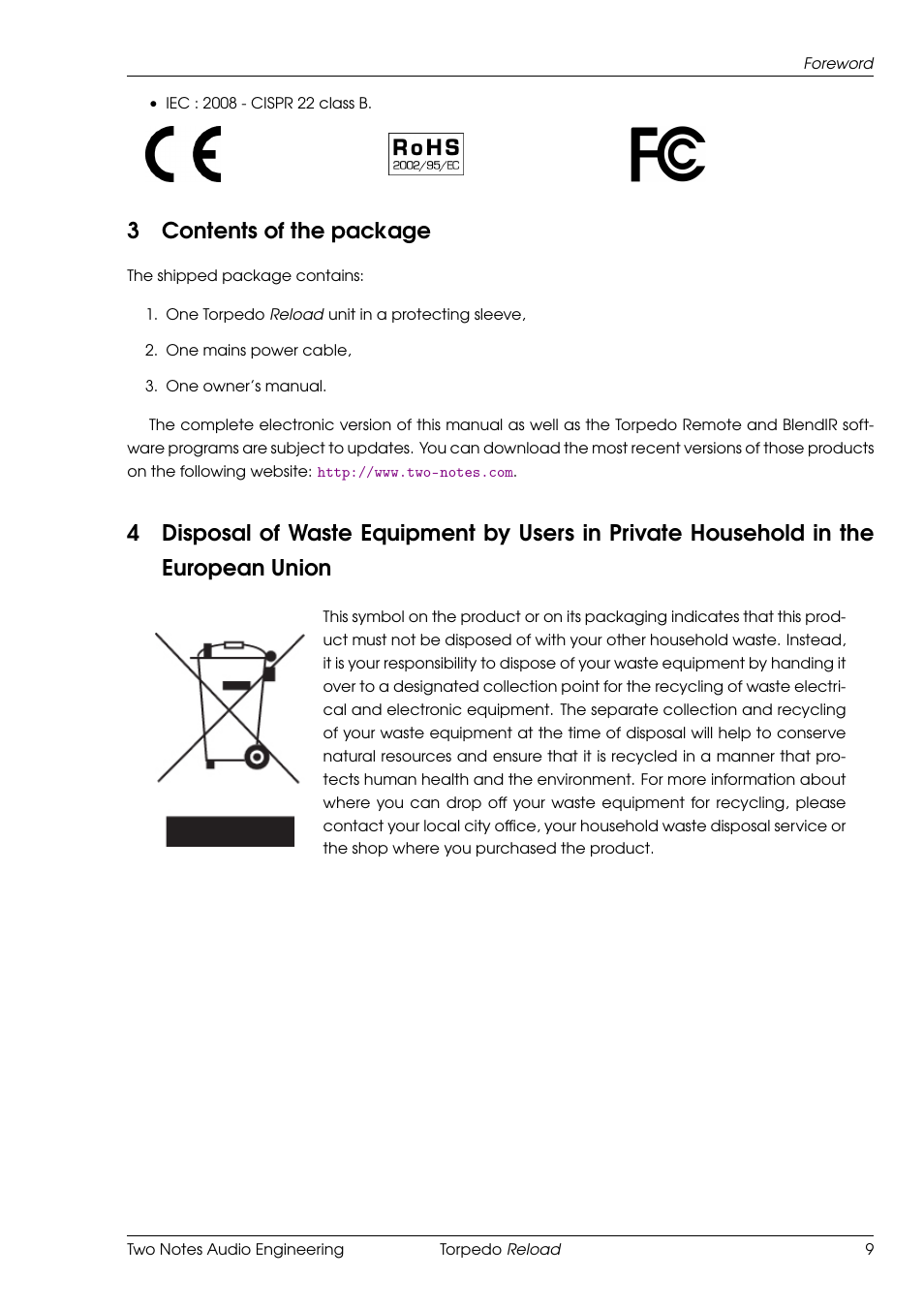 Contents of the package, 3contents of the package | Two Notes Reload User Manual | Page 9 / 51