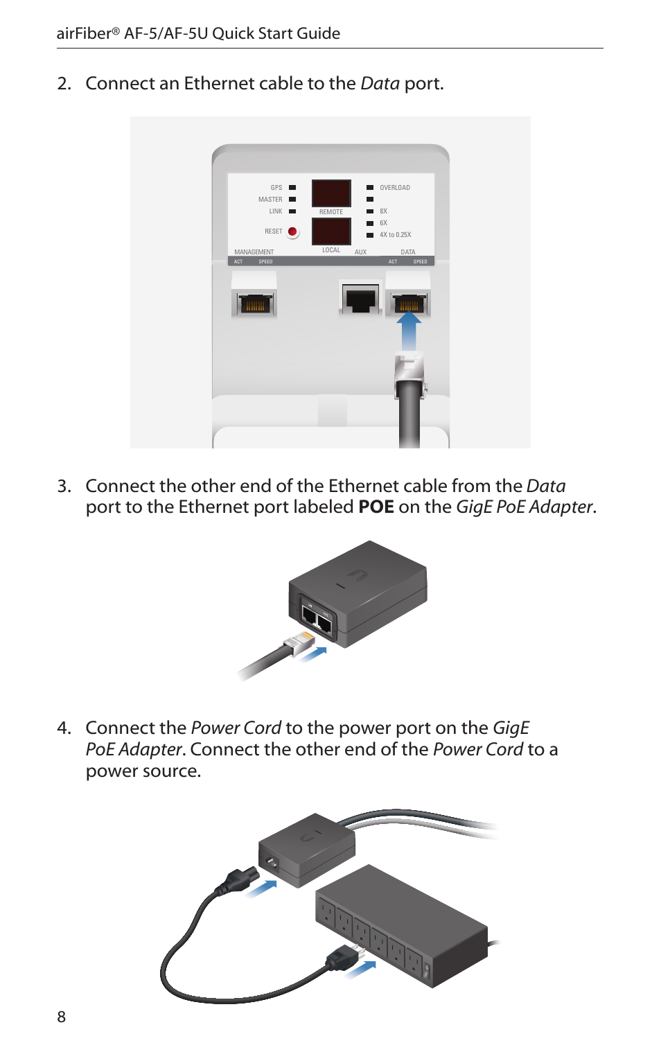 Connect an ethernet cable to the data port, 8airfiber® af-5/af-5u quick start guide | Ubiquiti Networks airFibe5 User Manual | Page 10 / 44