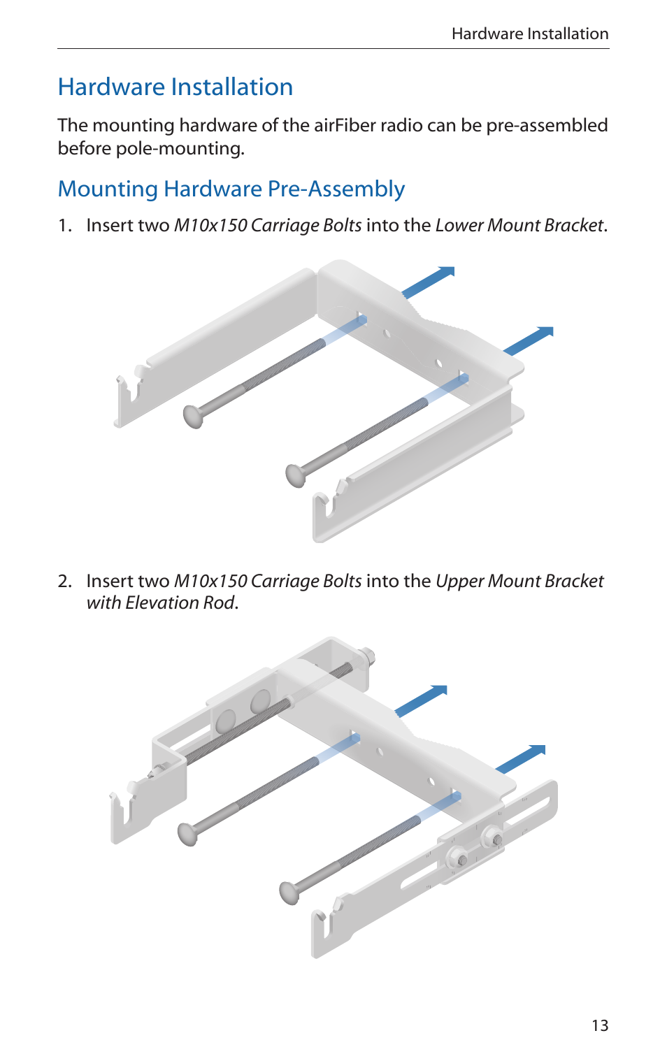 Hardware installation, Mounting hardware pre-assembly | Ubiquiti Networks airFibe5 User Manual | Page 15 / 44