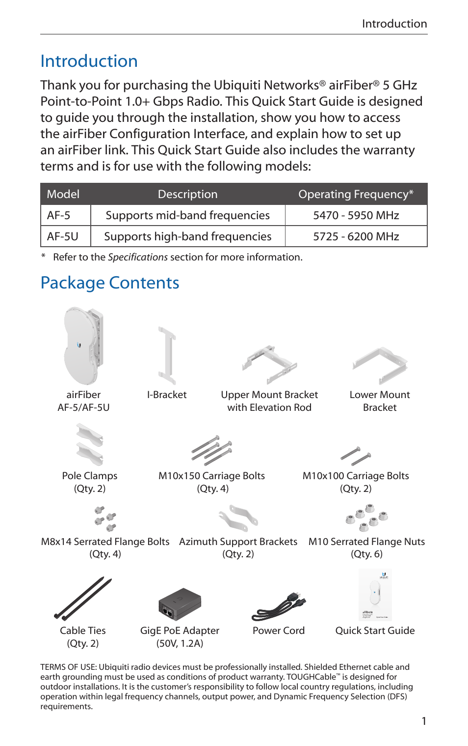 Introduction, Package contents | Ubiquiti Networks airFibe5 User Manual | Page 3 / 44