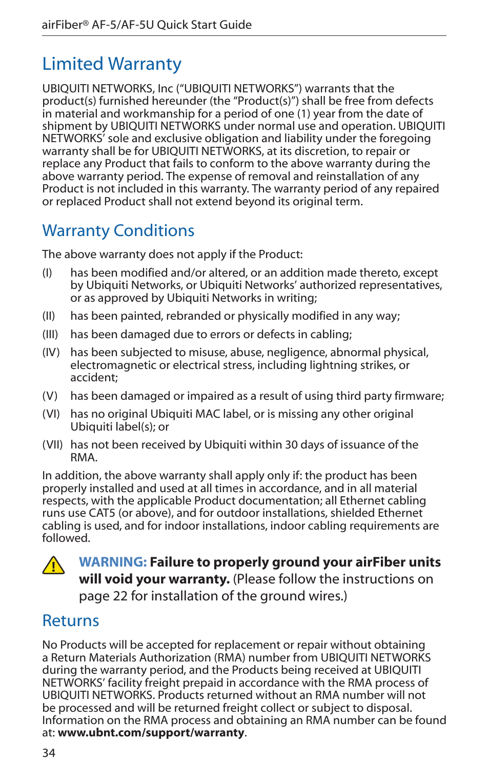 Limited warranty, Warranty conditions, Returns | Ubiquiti Networks airFibe5 User Manual | Page 36 / 44