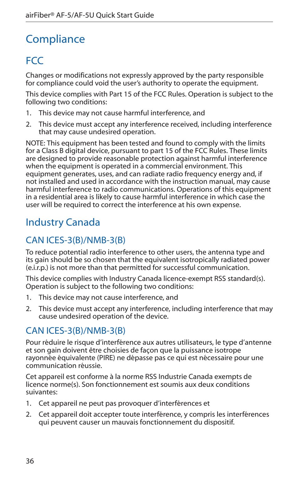 Compliance, Industry canada, Can ices-3(b)/nmb-3(b) | Ubiquiti Networks airFibe5 User Manual | Page 38 / 44