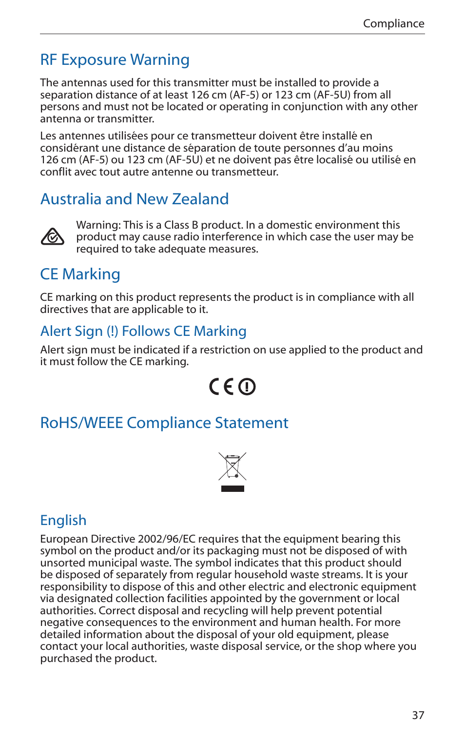 Rf exposure warning, Australia and new zealand, Ce marking | Rohs/weee compliance statement, Alert sign (!) follows ce marking, English | Ubiquiti Networks airFibe5 User Manual | Page 39 / 44