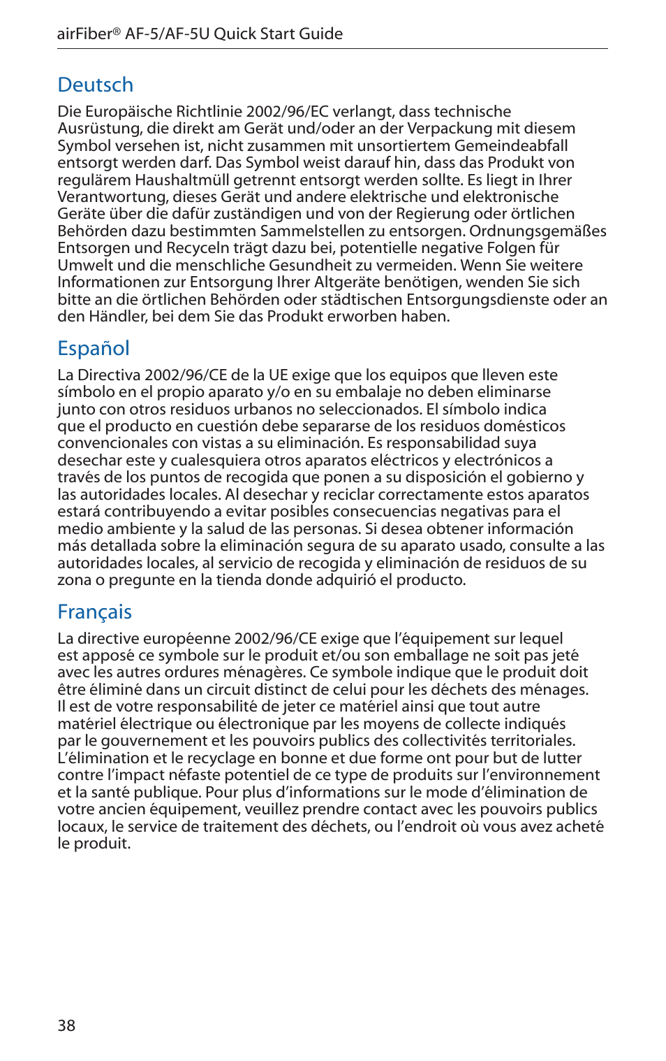 Deutsch, Español, Français | Ubiquiti Networks airFibe5 User Manual | Page 40 / 44