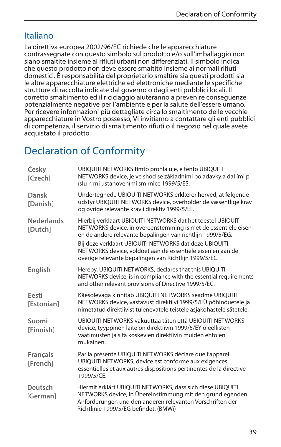Declaration of conformity, Italiano | Ubiquiti Networks airFibe5 User Manual | Page 41 / 44