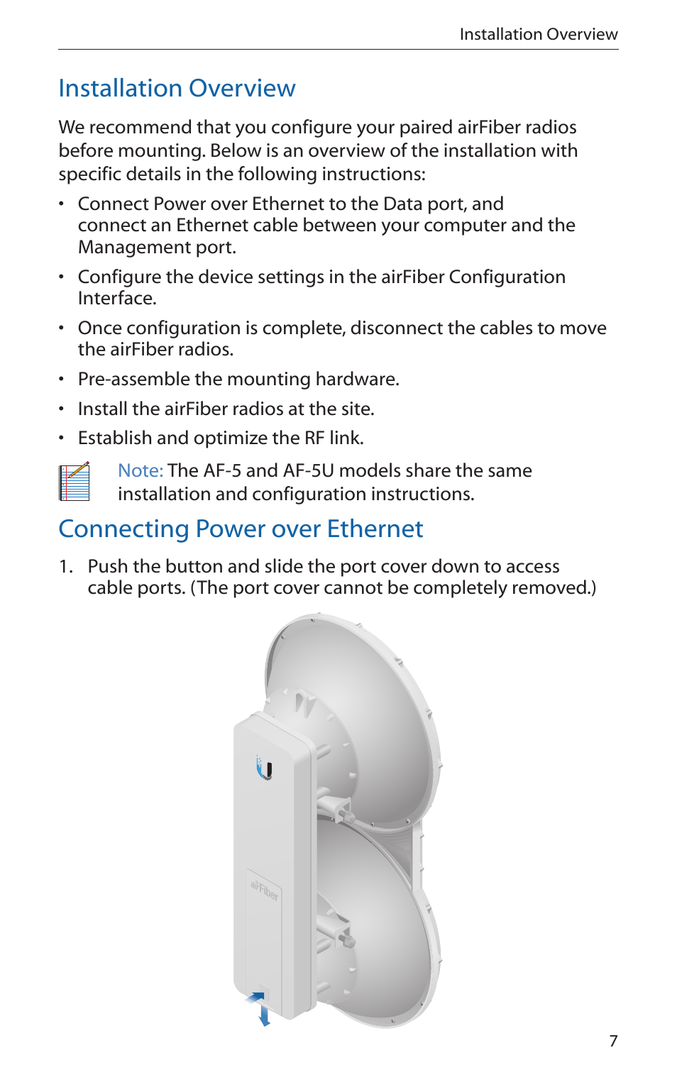 Installation overview, Connecting power over ethernet | Ubiquiti Networks airFibe5 User Manual | Page 9 / 44