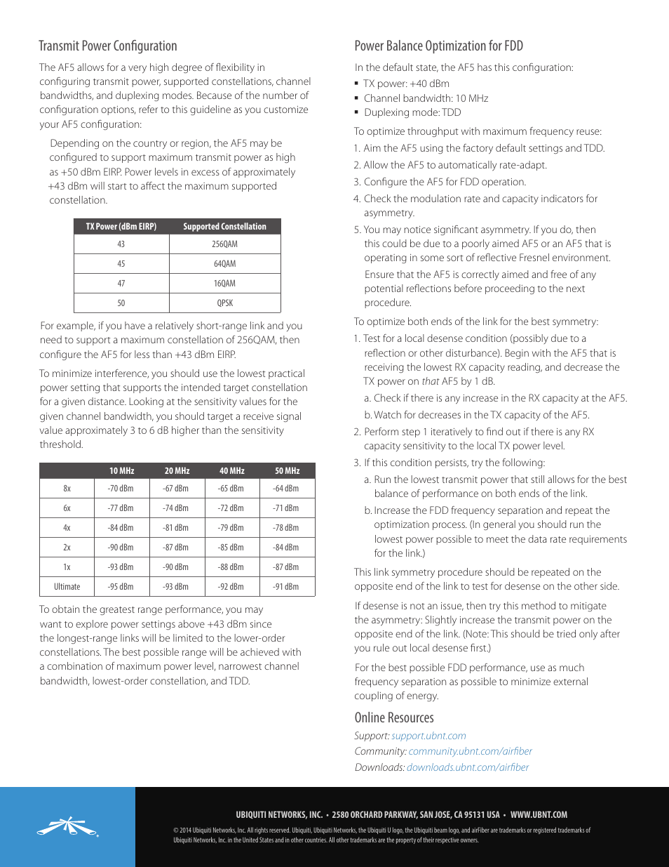 Transmit power configuration, Power balance optimization for fdd, Online resources | Ubiquiti Networks airFibe5 User Manual | Page 4 / 4