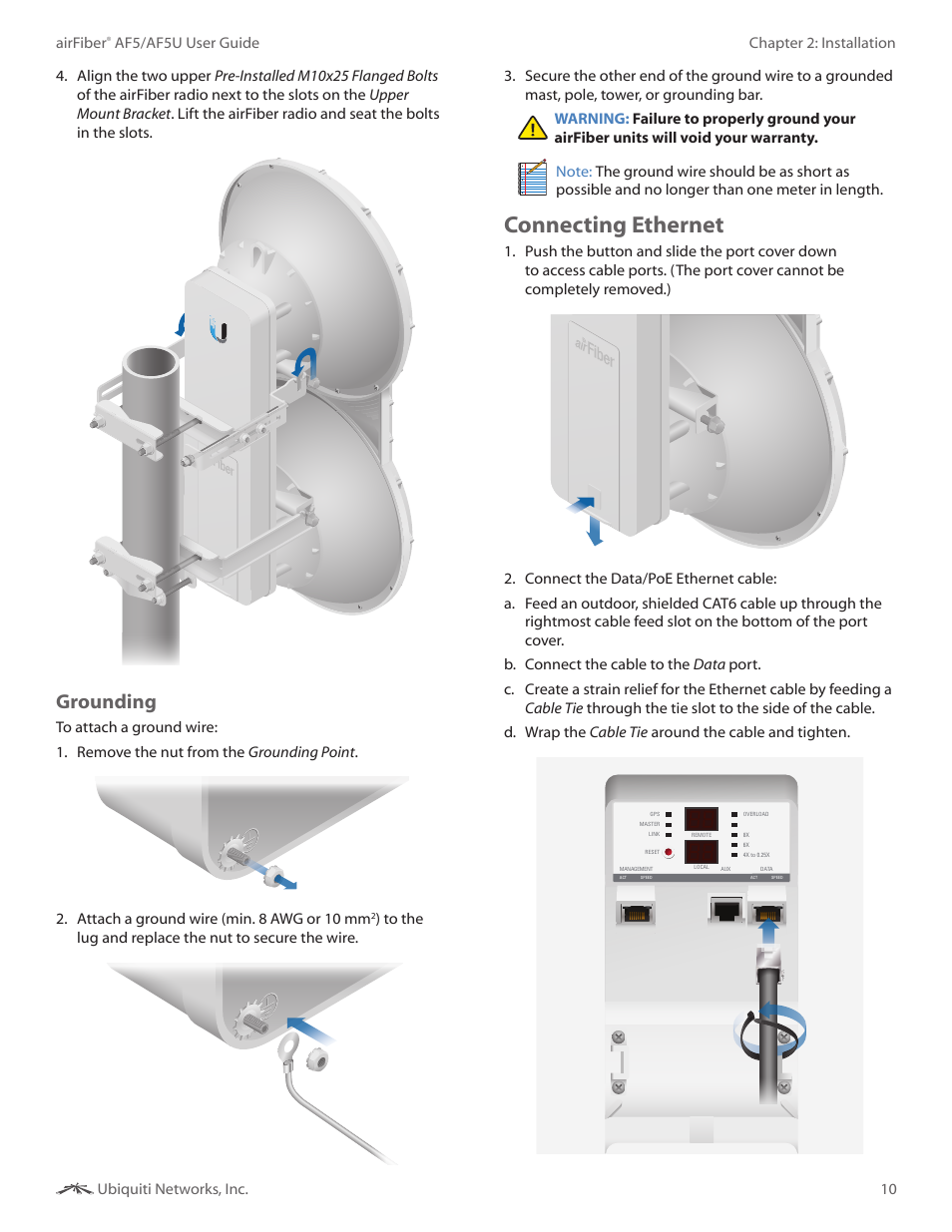 Connecting ethernet, Grounding | Ubiquiti Networks airFibe5 User Manual | Page 13 / 53