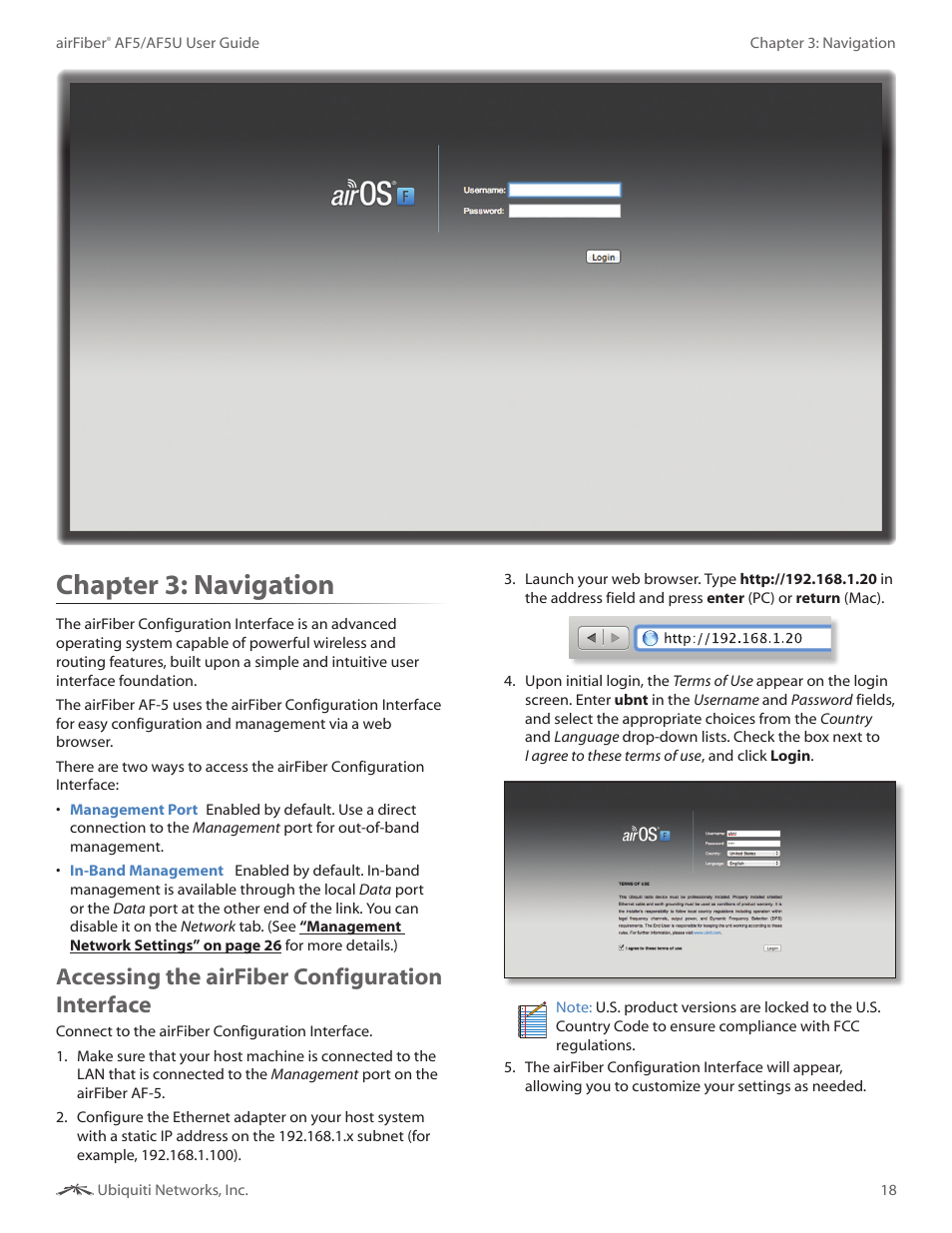 Chapter 3: navigation, Accessing the airfiber configuration interface, Chapter 3 | Navigation | Ubiquiti Networks airFibe5 User Manual | Page 21 / 53