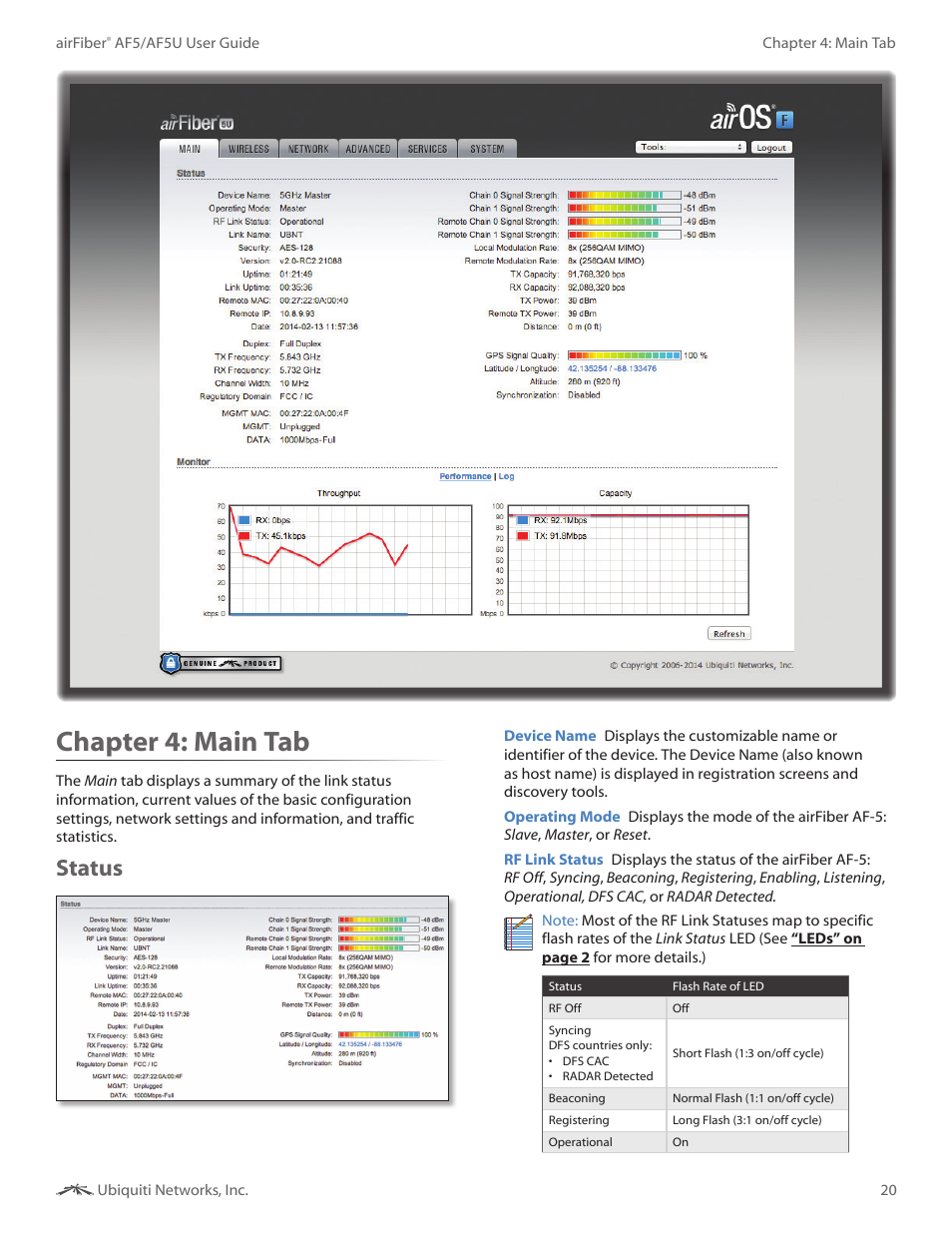 Chapter 4: main tab, Status, Chapter 4 | Main tab | Ubiquiti Networks airFibe5 User Manual | Page 23 / 53