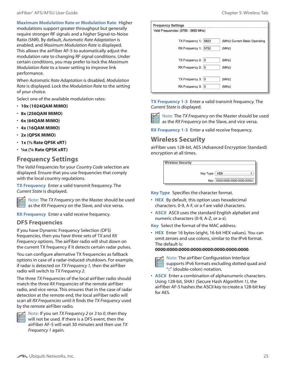 Frequency settings, Wireless security, Frequency settings wireless security | Dfs frequencies | Ubiquiti Networks airFibe5 User Manual | Page 28 / 53