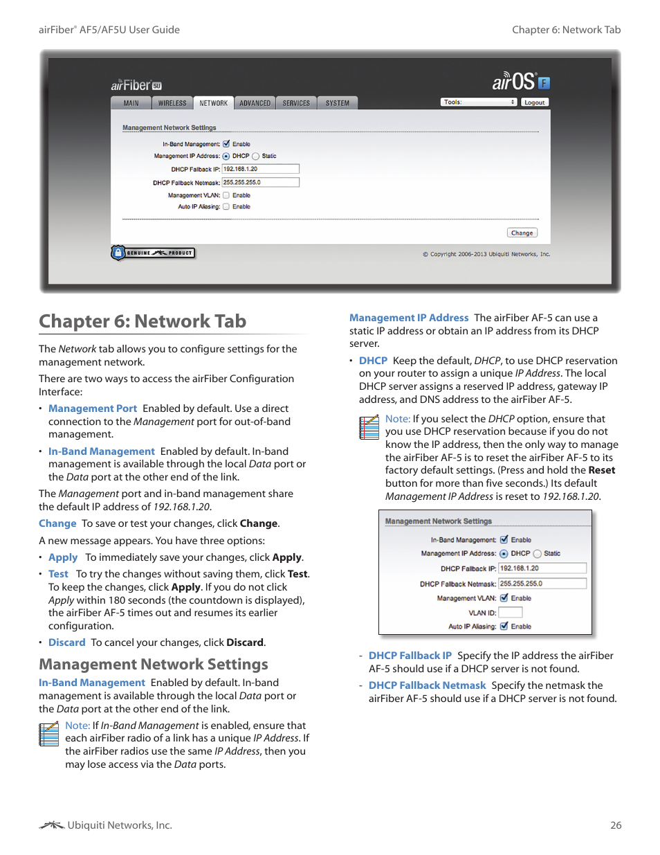 Chapter 6: network tab, Management network settings, Chapter 6 | Network tab | Ubiquiti Networks airFibe5 User Manual | Page 29 / 53