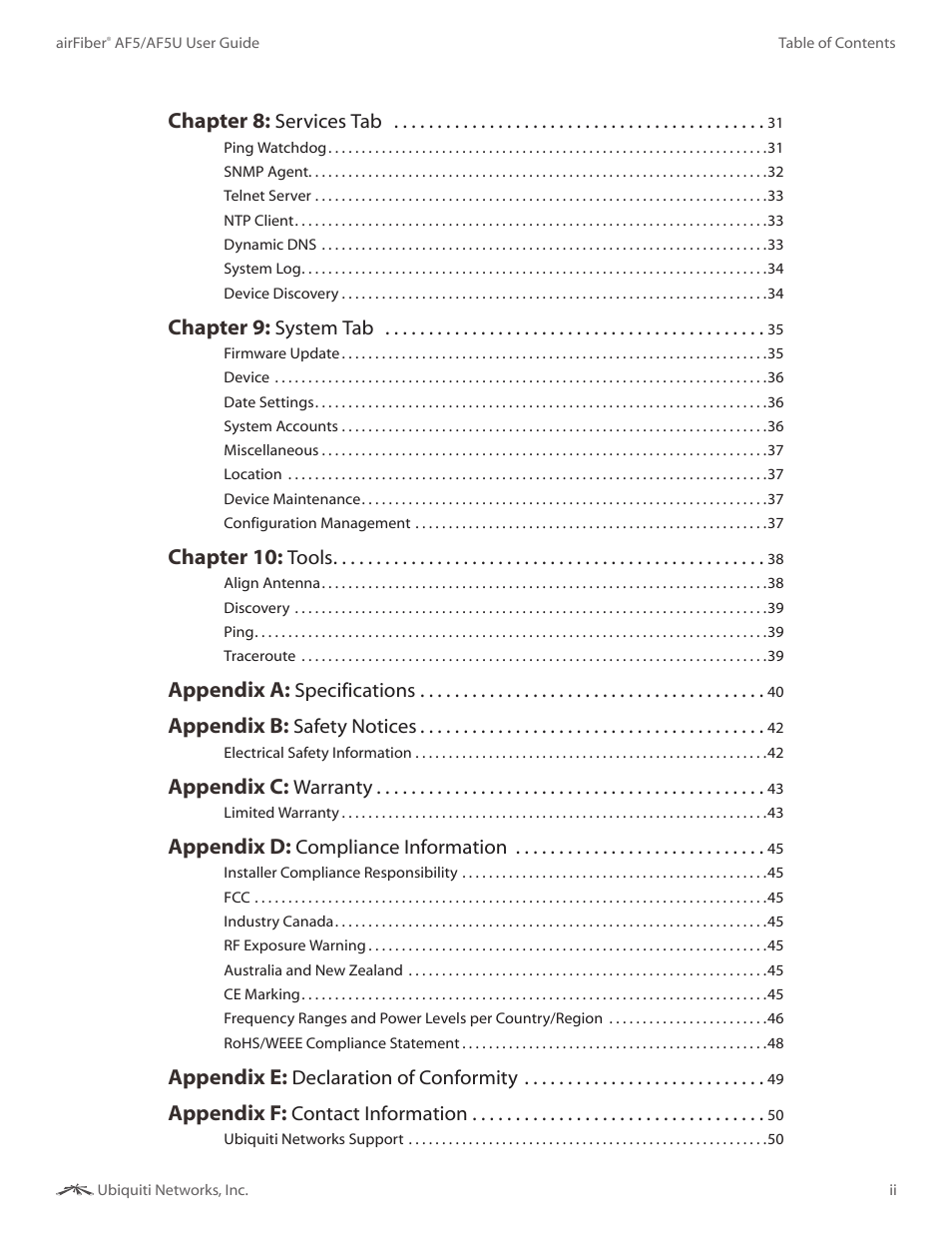 Chapter 8, Chapter 9, Chapter 10 | Appendix a, Appendix b, Appendix c, Appendix d, Appendix e, Appendix f | Ubiquiti Networks airFibe5 User Manual | Page 3 / 53
