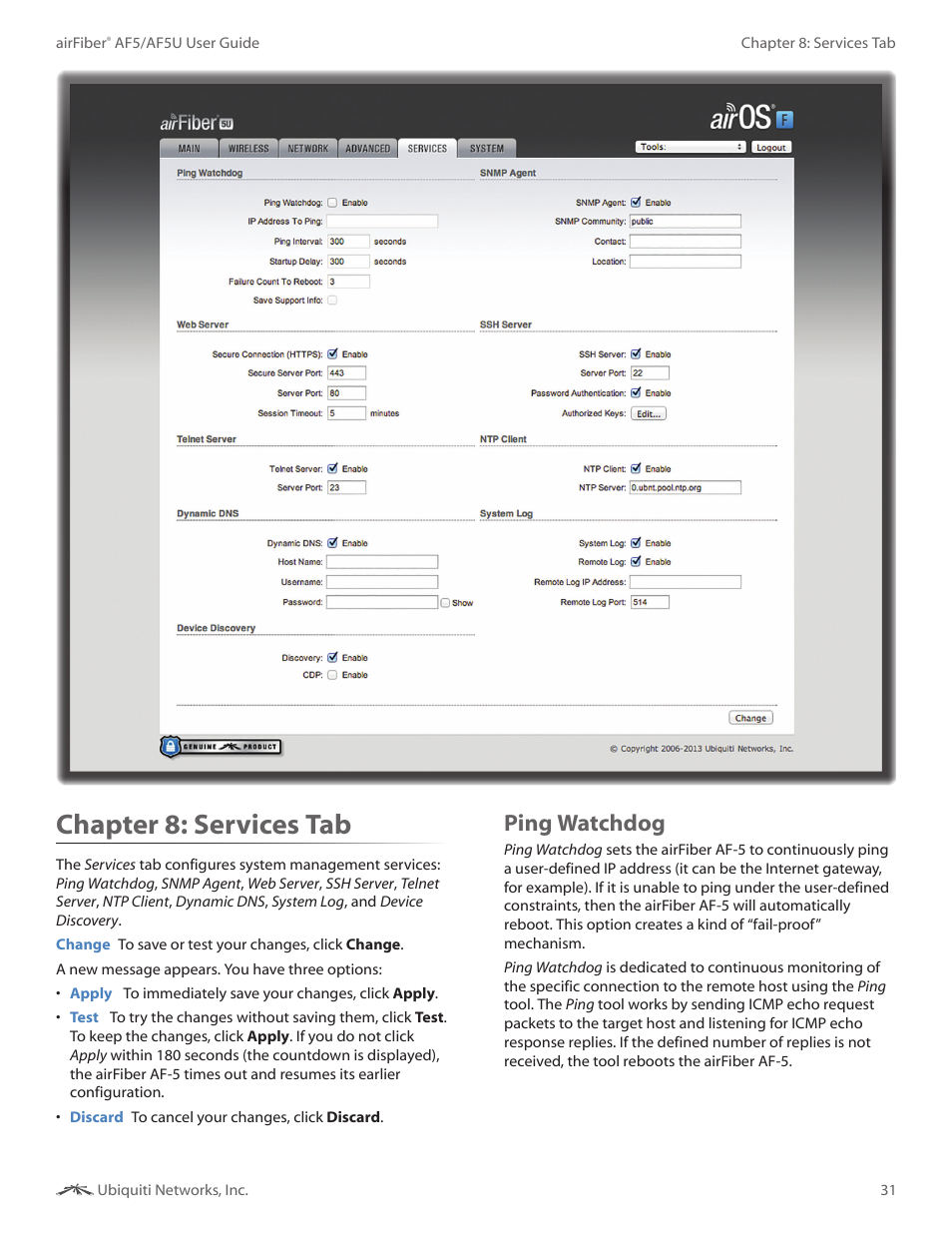 Chapter 8: services tab, Ping watchdog, Chapter 8 | Services tab | Ubiquiti Networks airFibe5 User Manual | Page 34 / 53