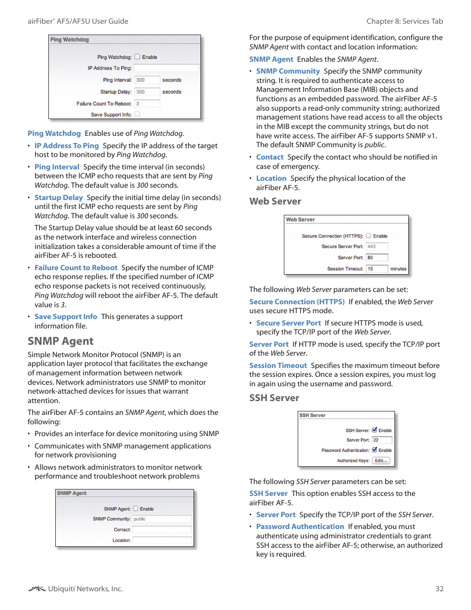 Snmp agent, Web server, Ssh server | Ubiquiti Networks airFibe5 User Manual | Page 35 / 53
