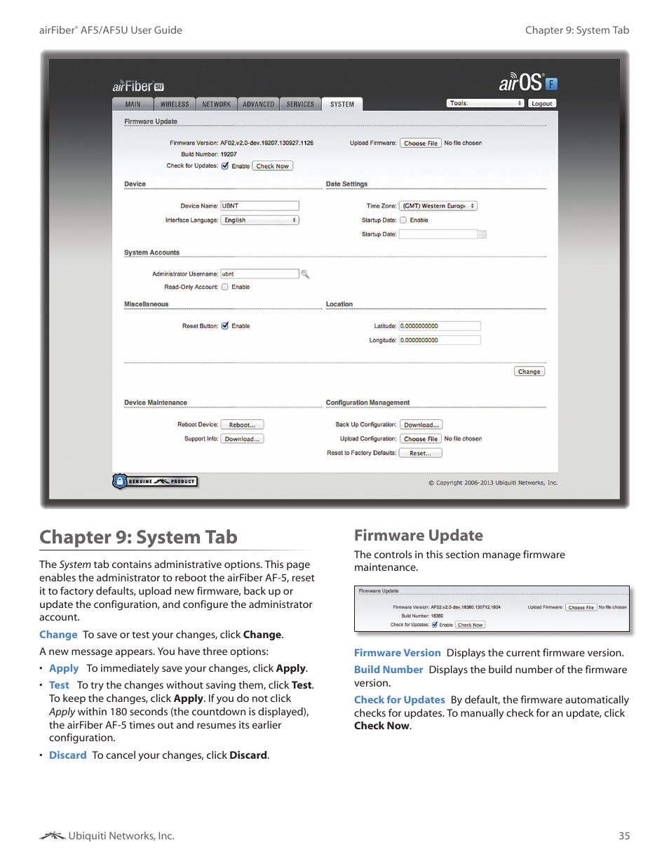 Chapter 9: system tab, Firmware update, Chapter 9 | System tab | Ubiquiti Networks airFibe5 User Manual | Page 38 / 53