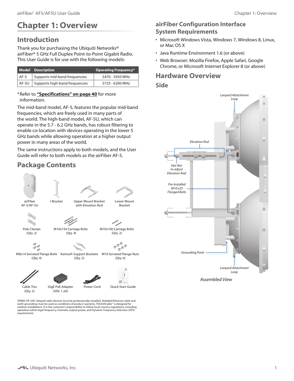 Chapter 1: overview, Introduction, Package contents | Hardware overview, Chapter 1, Overview, Side | Ubiquiti Networks airFibe5 User Manual | Page 4 / 53