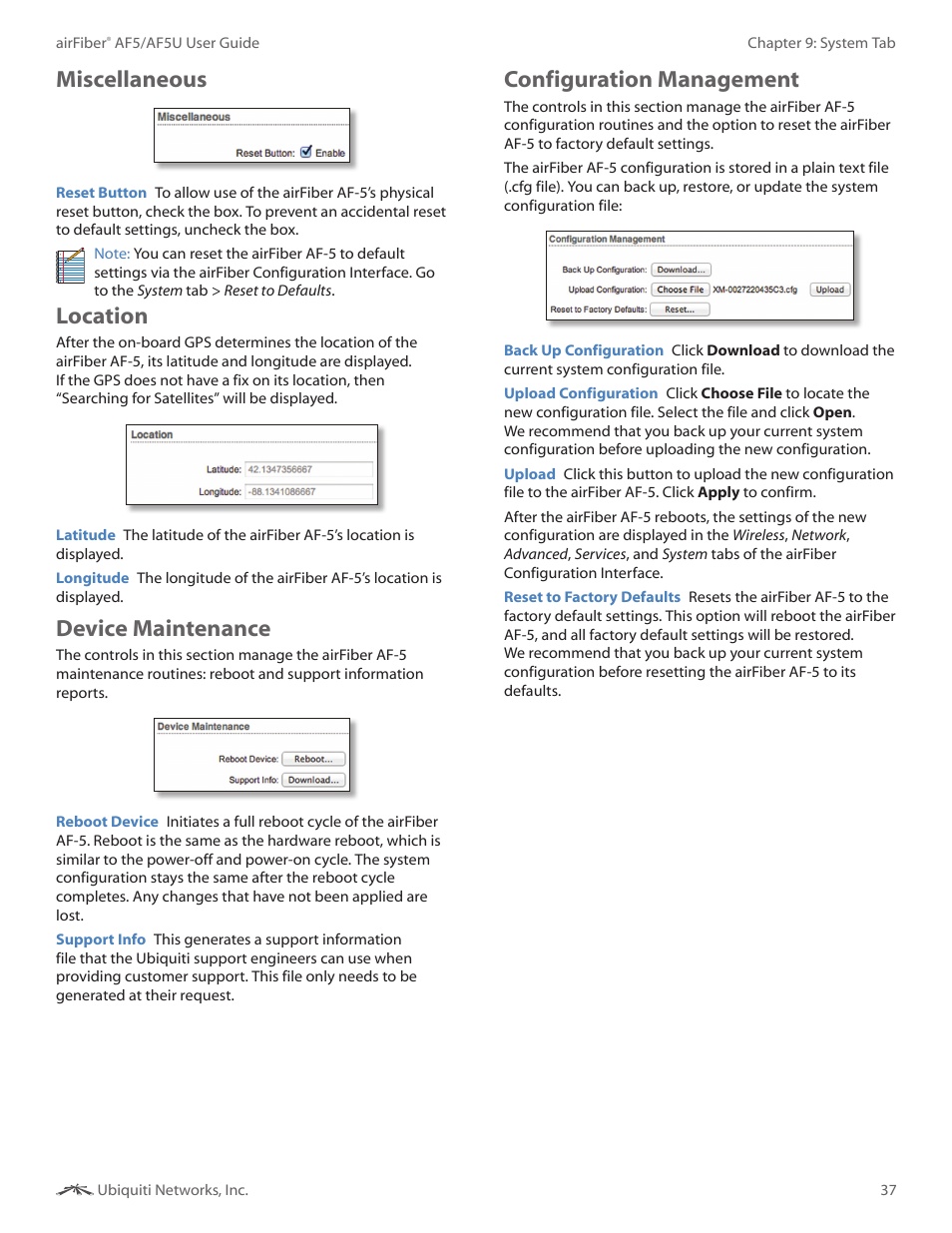 Miscellaneous, Location, Device maintenance | Configuration management | Ubiquiti Networks airFibe5 User Manual | Page 40 / 53