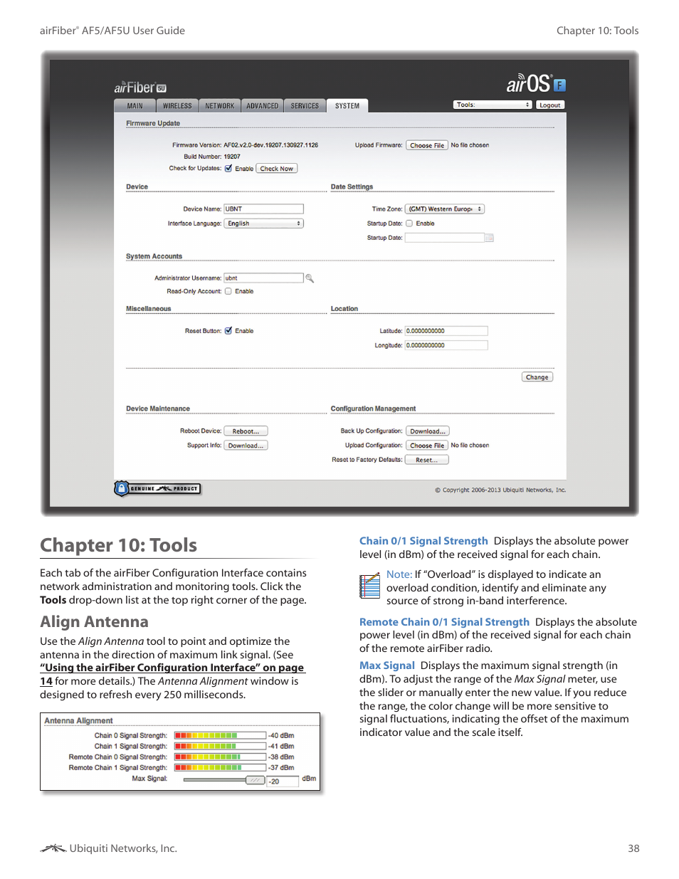 Chapter 10: tools, Align antenna, Chapter 10 | Tools | Ubiquiti Networks airFibe5 User Manual | Page 41 / 53