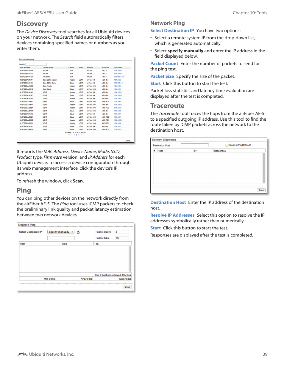 Discovery, Ping, Traceroute | Discovery ping traceroute | Ubiquiti Networks airFibe5 User Manual | Page 42 / 53