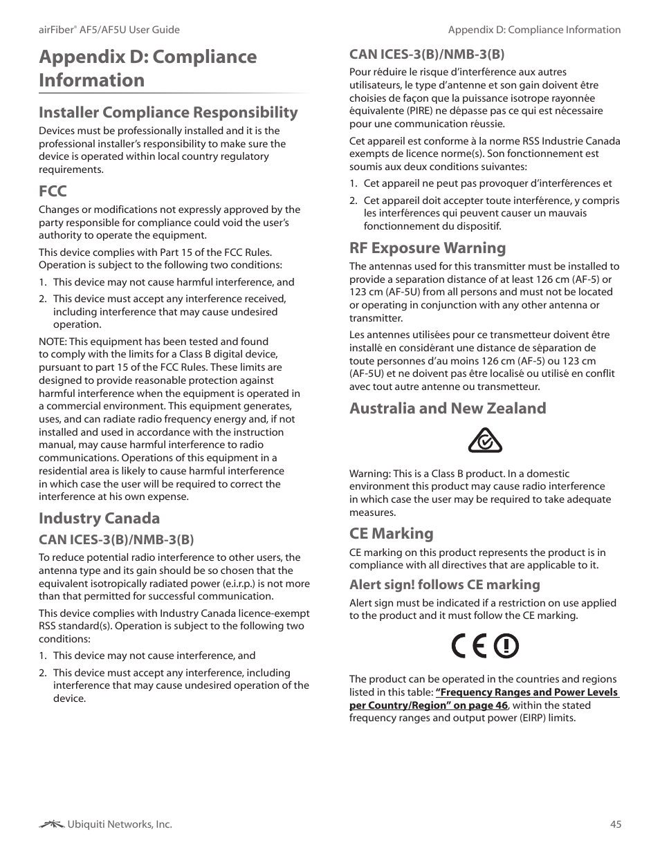 Appendix d: compliance information, Installer compliance responsibility, Industry canada | Rf exposure warning, Australia and new zealand, Ce marking, Appendix d, Compliance information | Ubiquiti Networks airFibe5 User Manual | Page 48 / 53