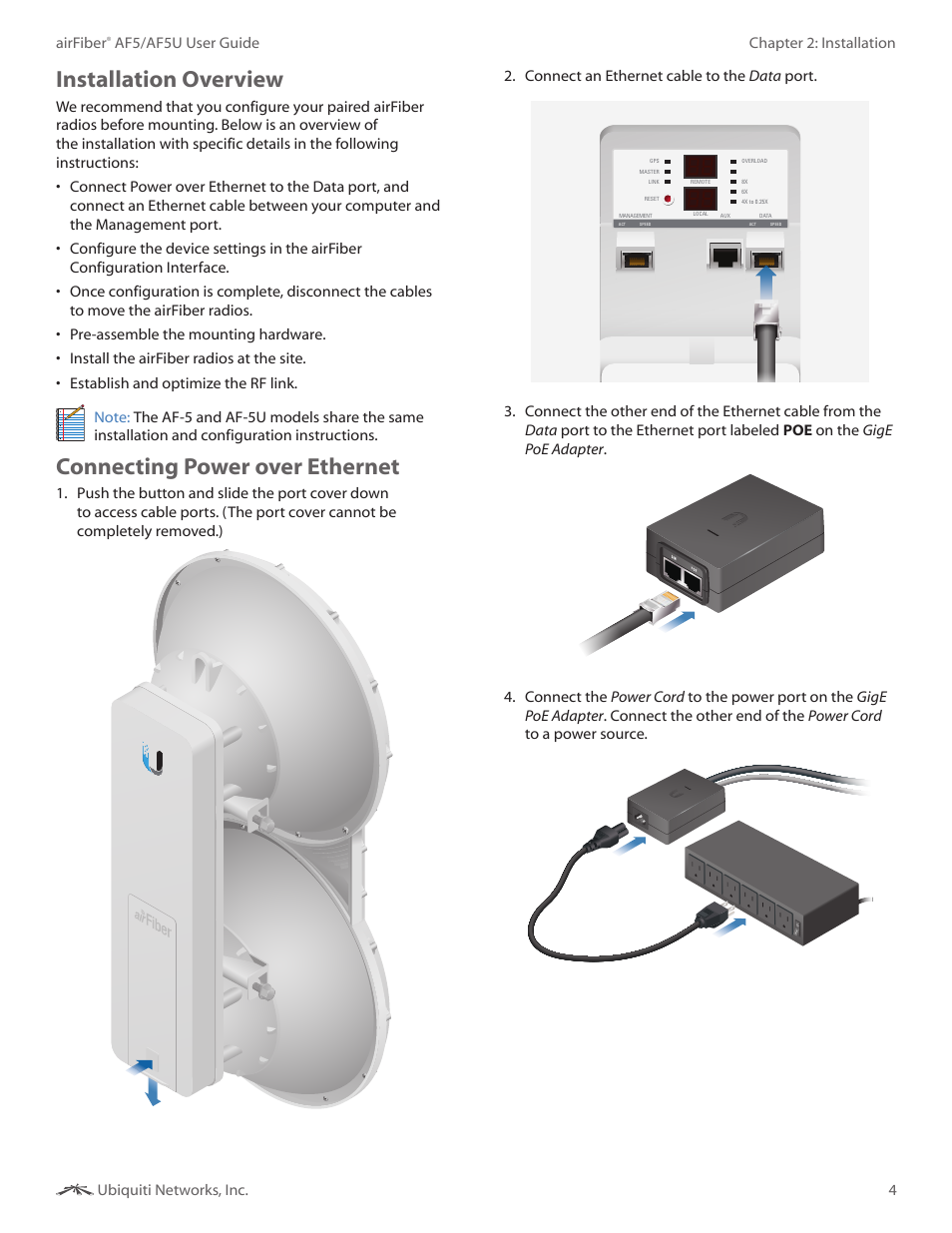 Installation overview, Connecting power over ethernet, 4chapter 2: installation airfiber | Af5/af5u user guide ubiquiti networks, inc | Ubiquiti Networks airFibe5 User Manual | Page 7 / 53