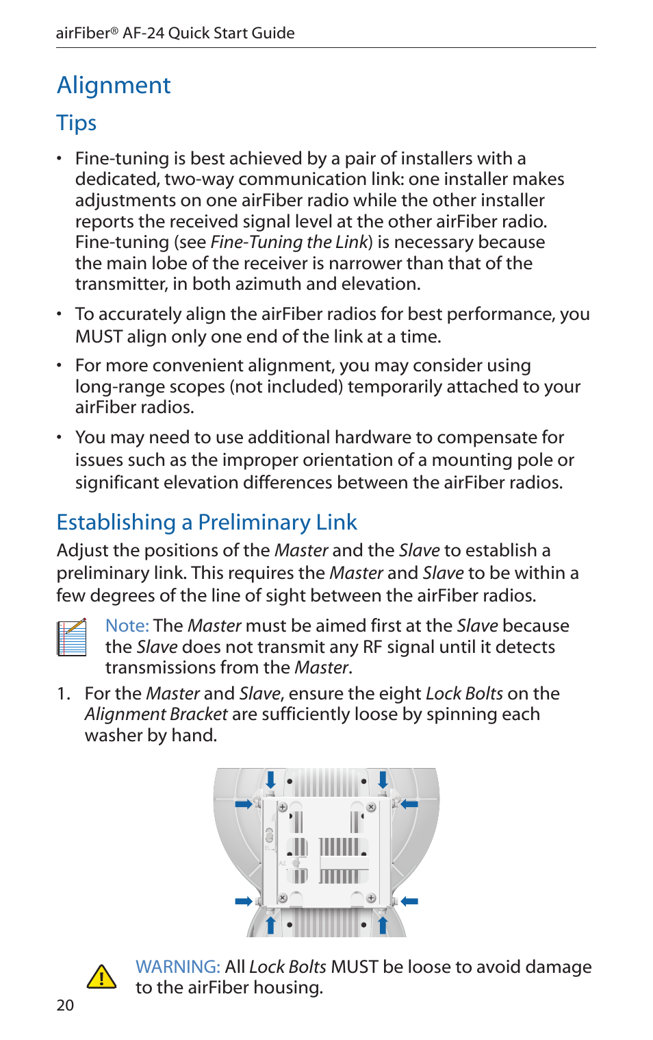 Alignment, Tips, Establishing a preliminary link | Ubiquiti Networks airFibe24 User Manual | Page 22 / 36