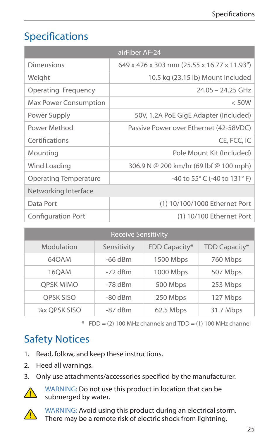 Specifications, Safety notices | Ubiquiti Networks airFibe24 User Manual | Page 27 / 36