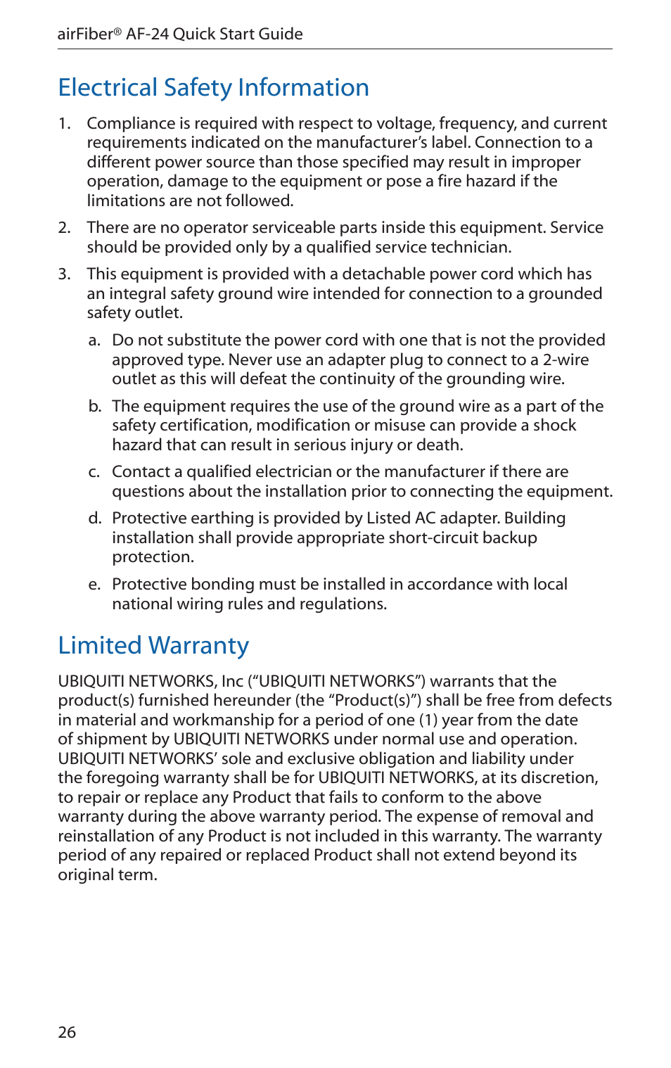 Electrical safety information, Limited warranty | Ubiquiti Networks airFibe24 User Manual | Page 28 / 36