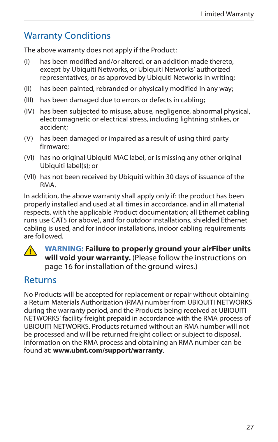 Warranty conditions, Returns | Ubiquiti Networks airFibe24 User Manual | Page 29 / 36