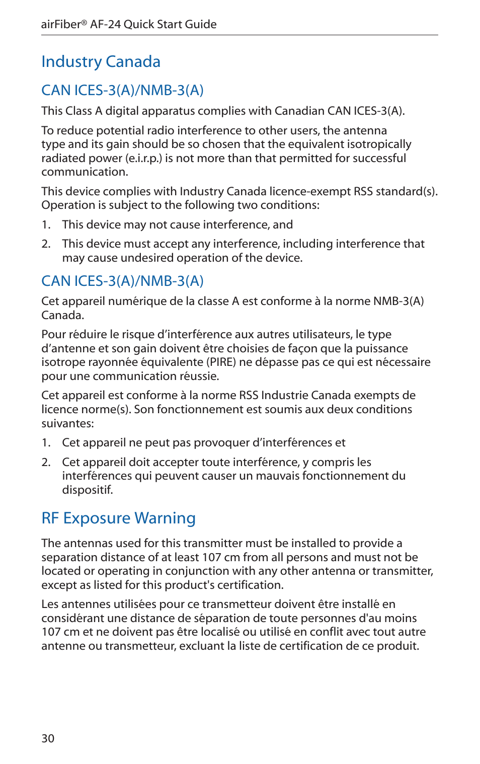 Industry canada, Rf exposure warning | Ubiquiti Networks airFibe24 User Manual | Page 32 / 36