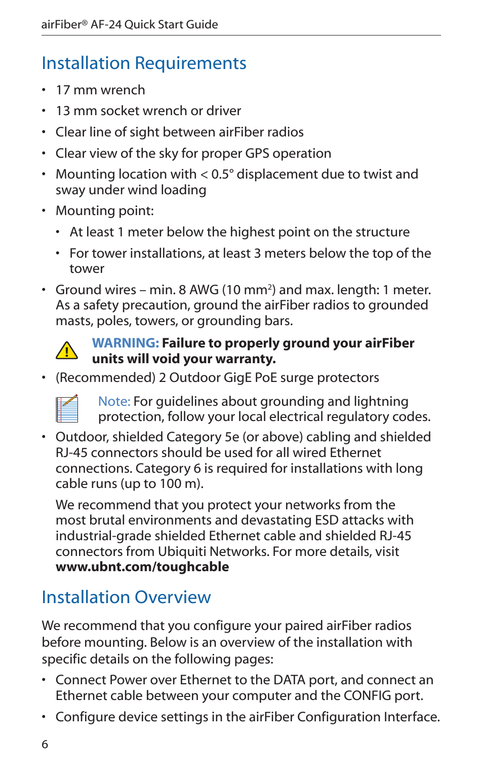 Installation requirements, Installation overview | Ubiquiti Networks airFibe24 User Manual | Page 8 / 36