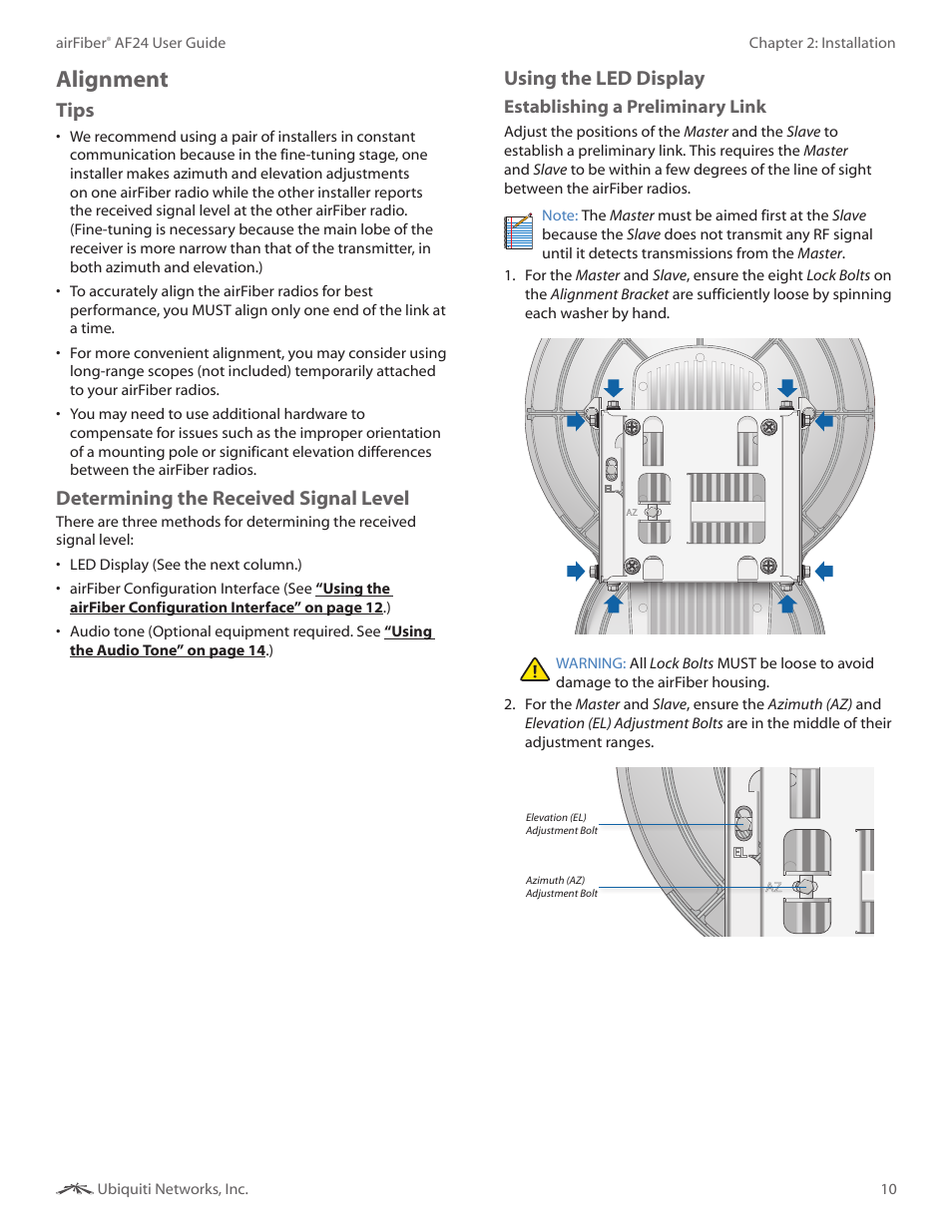 Alignment, Tips, Determining the received signal level | Using the led display | Ubiquiti Networks airFibe24 User Manual | Page 13 / 50