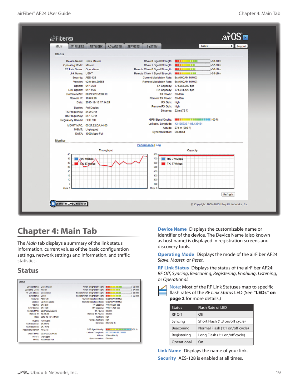 Chapter 4: main tab, Status, Chapter 4 | Main tab | Ubiquiti Networks airFibe24 User Manual | Page 22 / 50