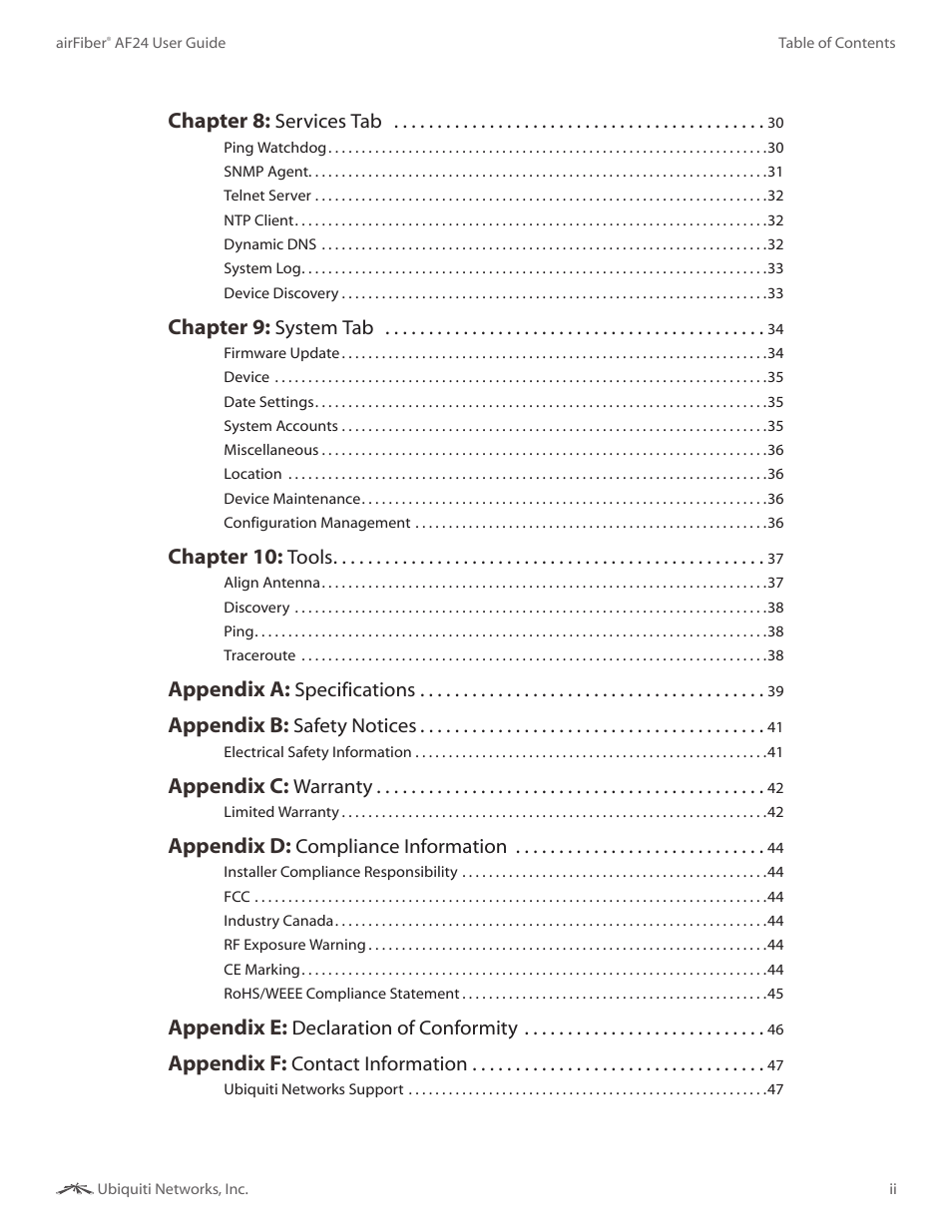 Chapter 8, Chapter 9, Chapter 10 | Appendix a, Appendix b, Appendix c, Appendix d, Appendix e, Appendix f | Ubiquiti Networks airFibe24 User Manual | Page 3 / 50