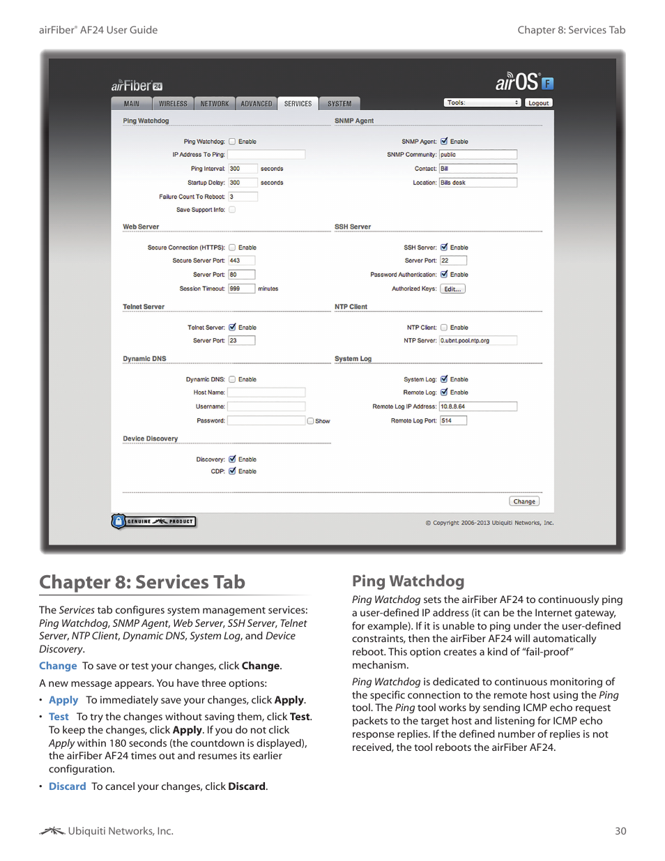 Chapter 8: services tab, Ping watchdog, Chapter 8 | Services tab | Ubiquiti Networks airFibe24 User Manual | Page 33 / 50
