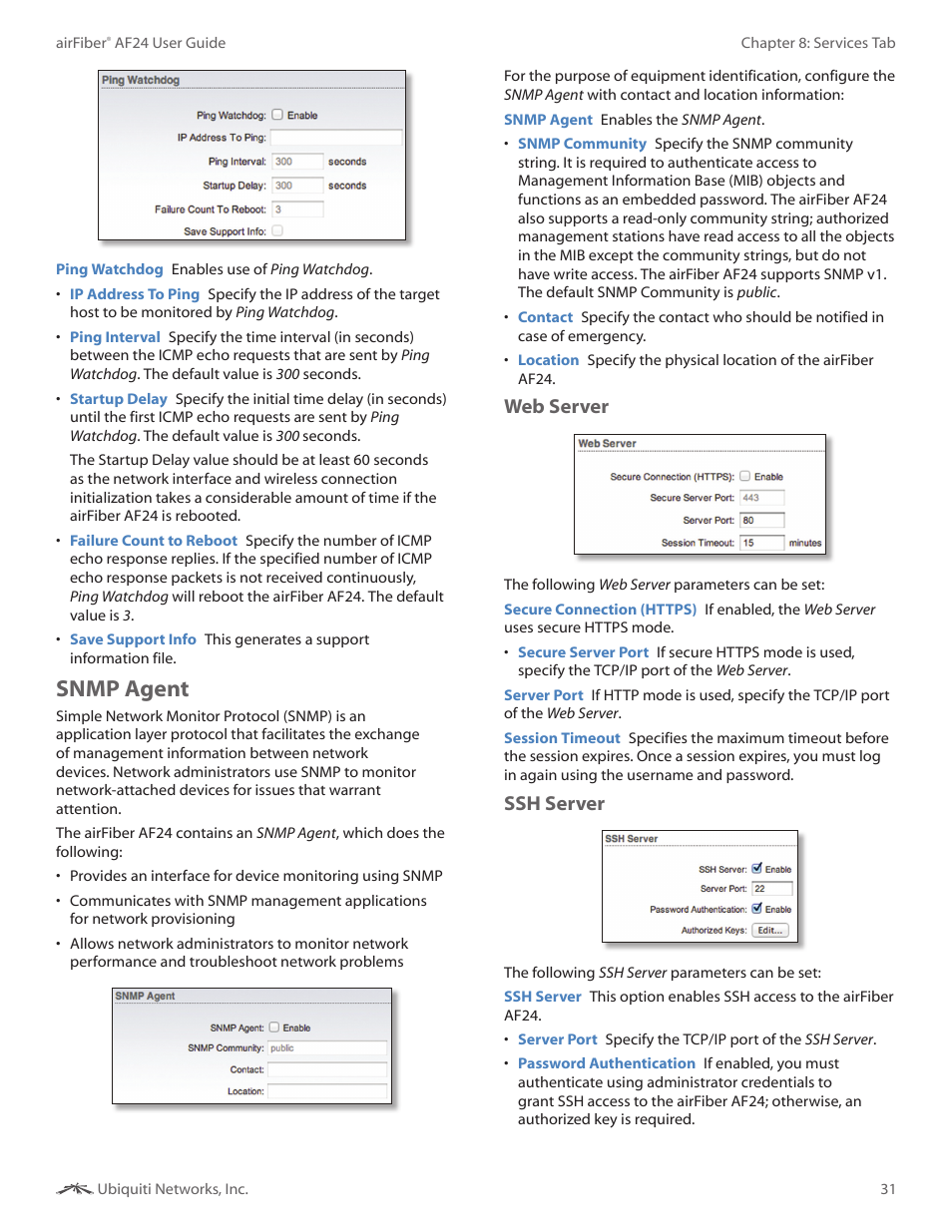 Snmp agent, Web server, Ssh server | Ubiquiti Networks airFibe24 User Manual | Page 34 / 50