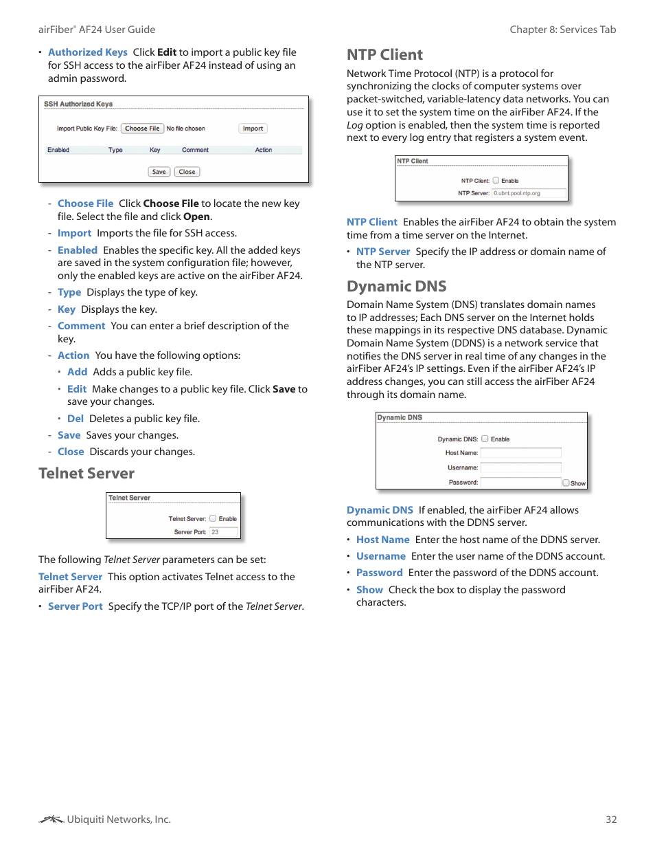 Telnet server, Ntp client, Dynamic dns | Telnet server ntp client dynamic dns | Ubiquiti Networks airFibe24 User Manual | Page 35 / 50