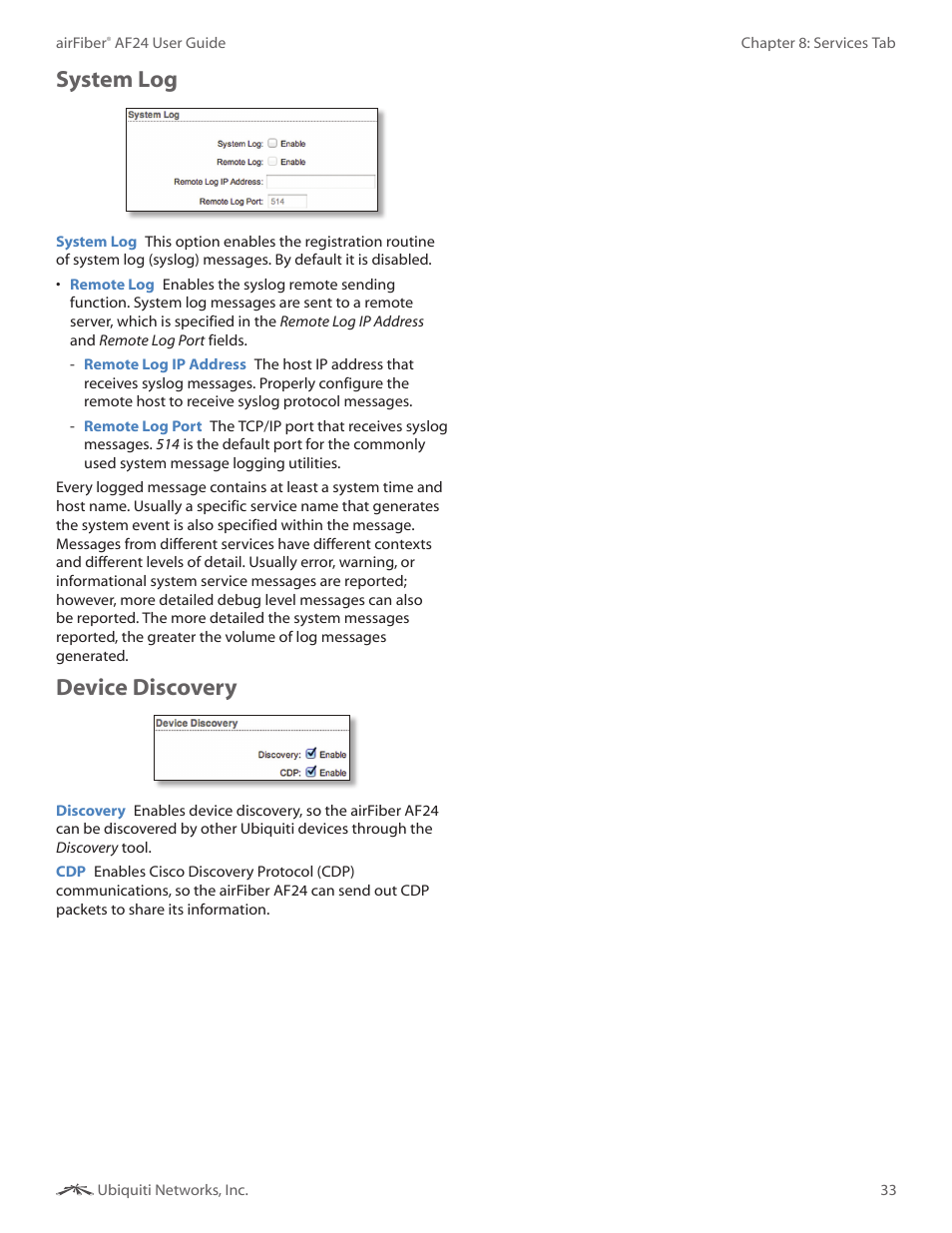 System log, Device discovery, System log device discovery | Ubiquiti Networks airFibe24 User Manual | Page 36 / 50