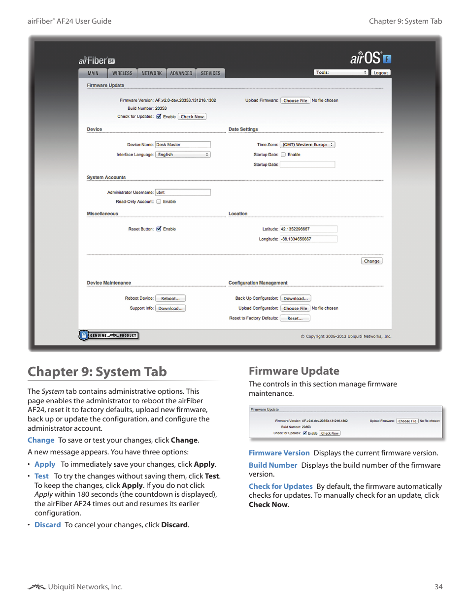 Chapter 9: system tab, Firmware update, Chapter 9 | System tab | Ubiquiti Networks airFibe24 User Manual | Page 37 / 50