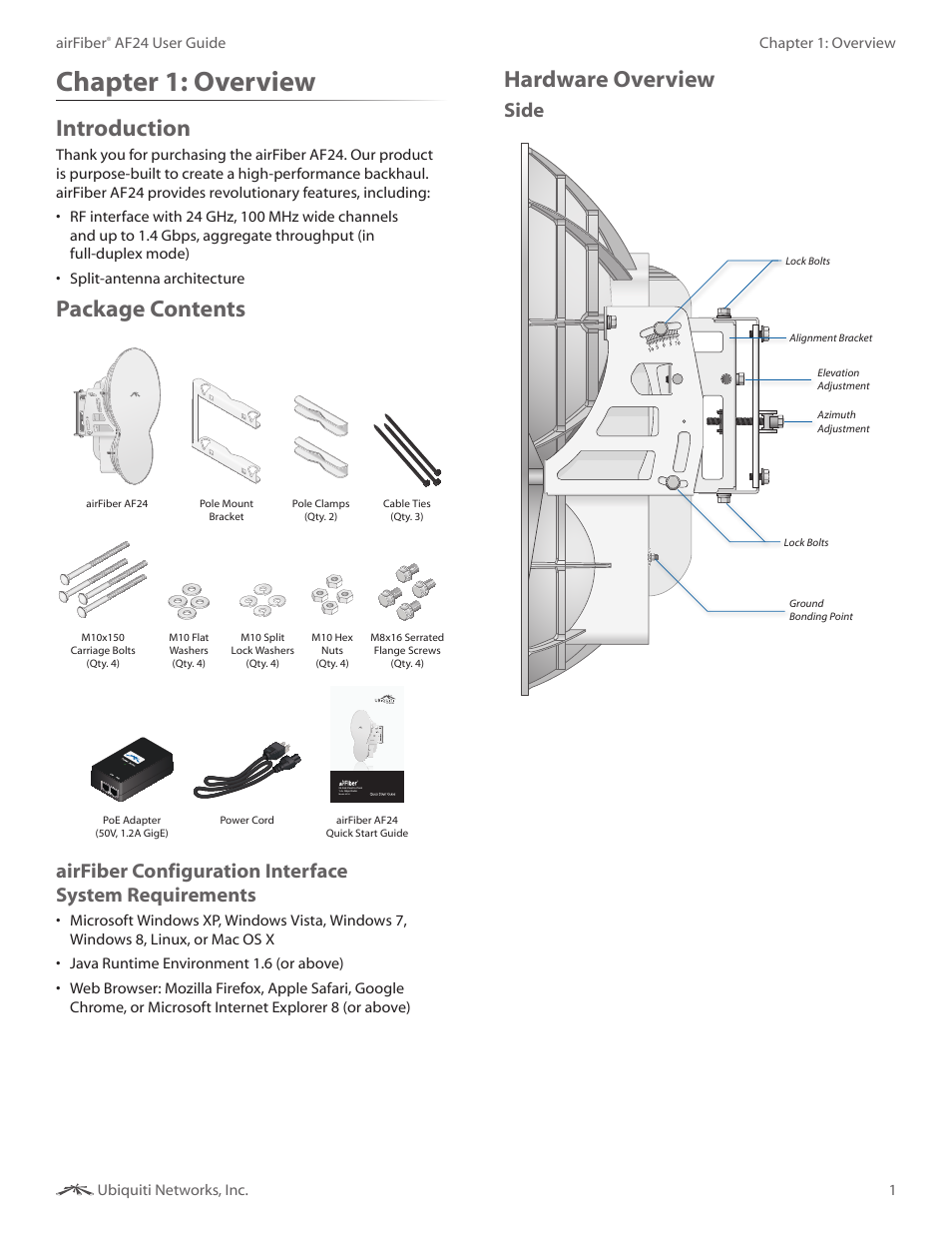 Chapter 1: overview, Introduction, Package contents | Hardware overview, Chapter 1, Overview, Side | Ubiquiti Networks airFibe24 User Manual | Page 4 / 50