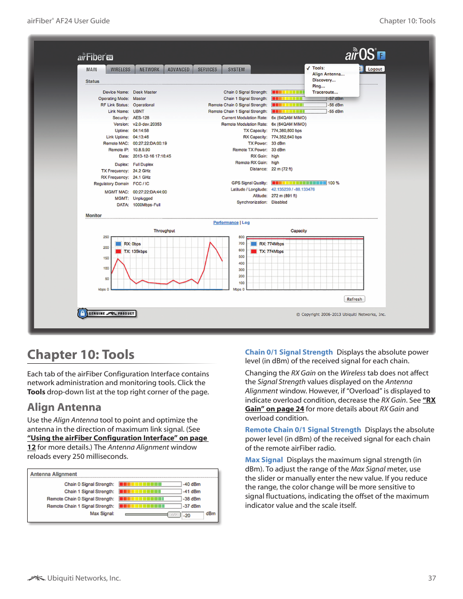 Chapter 10: tools, Align antenna, Chapter 10 | Tools | Ubiquiti Networks airFibe24 User Manual | Page 40 / 50