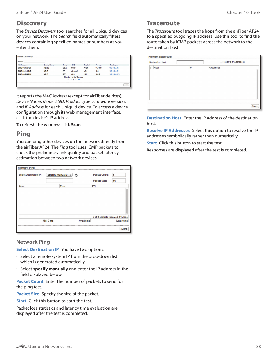 Discovery, Ping, Traceroute | Discovery ping traceroute | Ubiquiti Networks airFibe24 User Manual | Page 41 / 50