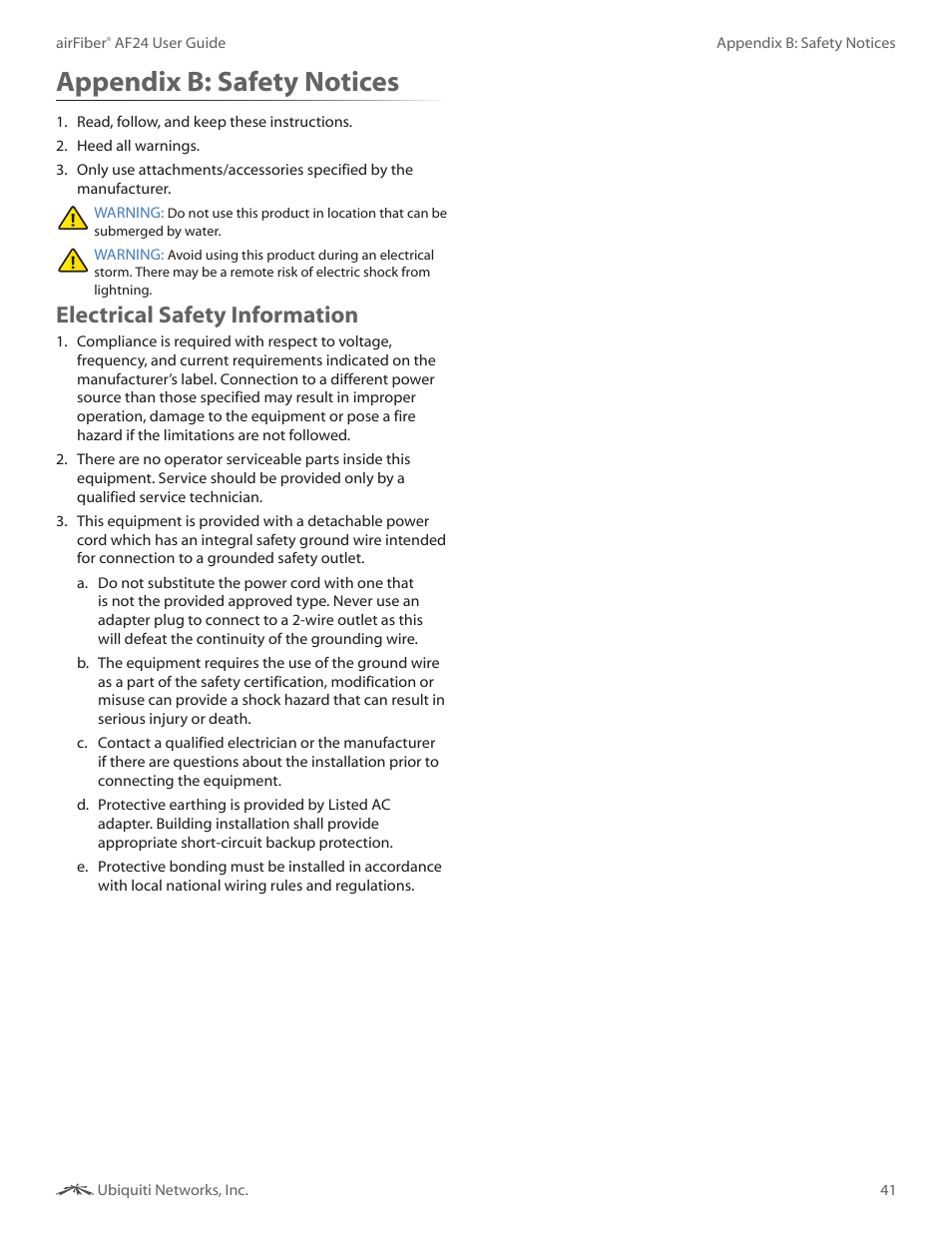 Appendix b: safety notices, Electrical safety information, Appendix b | Safety notices | Ubiquiti Networks airFibe24 User Manual | Page 44 / 50