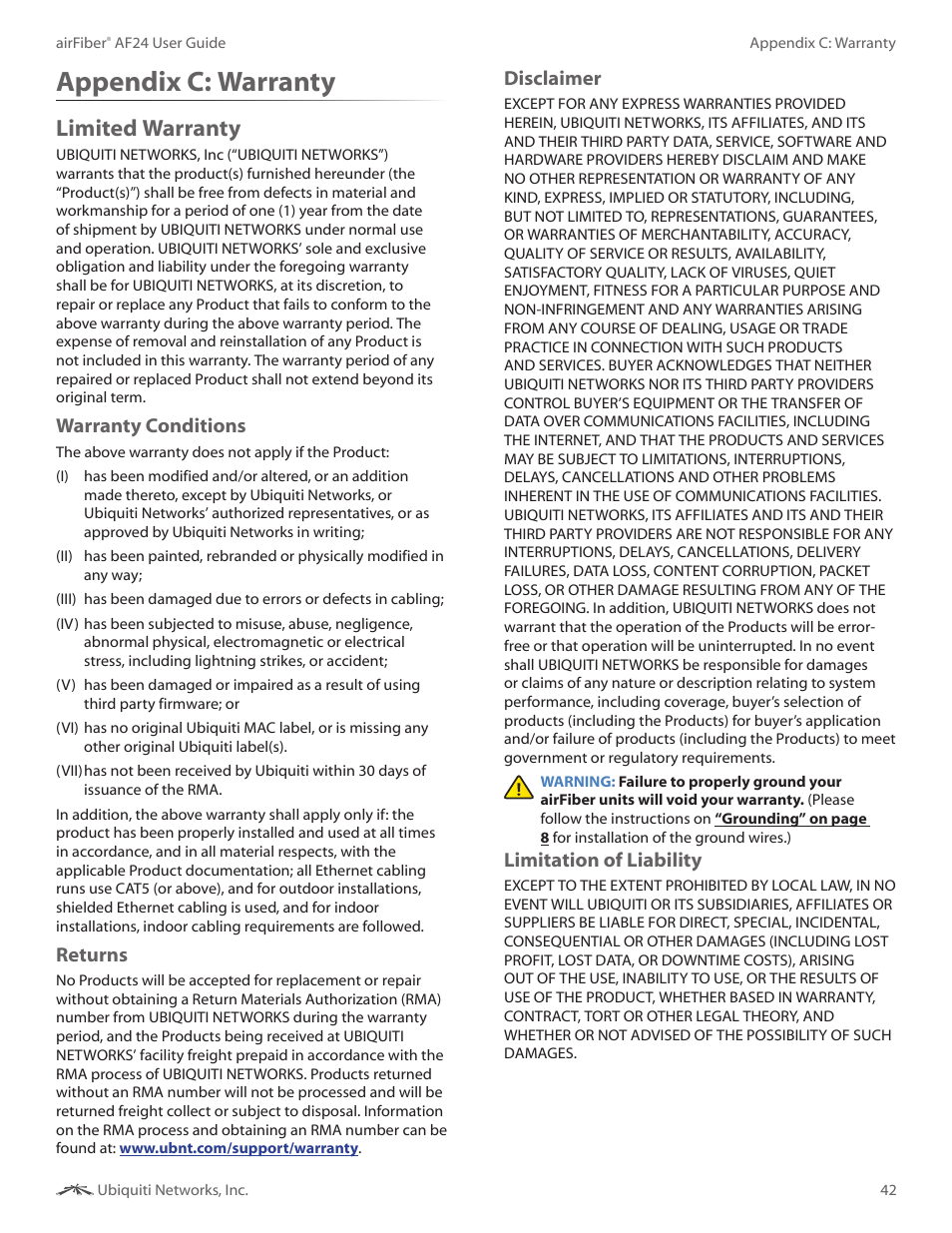Appendix c: warranty, Limited warranty, Appendix c | Warranty, Warranty conditions, Returns, Disclaimer, Limitation of liability | Ubiquiti Networks airFibe24 User Manual | Page 45 / 50