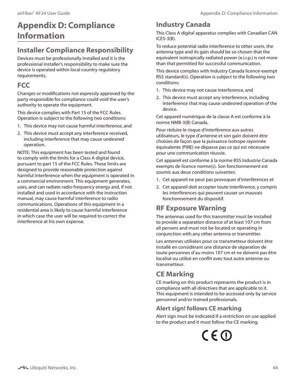 Appendix d: compliance information, Installer compliance responsibility, Industry canada | Rf exposure warning, Ce marking, Appendix d, Compliance information | Ubiquiti Networks airFibe24 User Manual | Page 47 / 50
