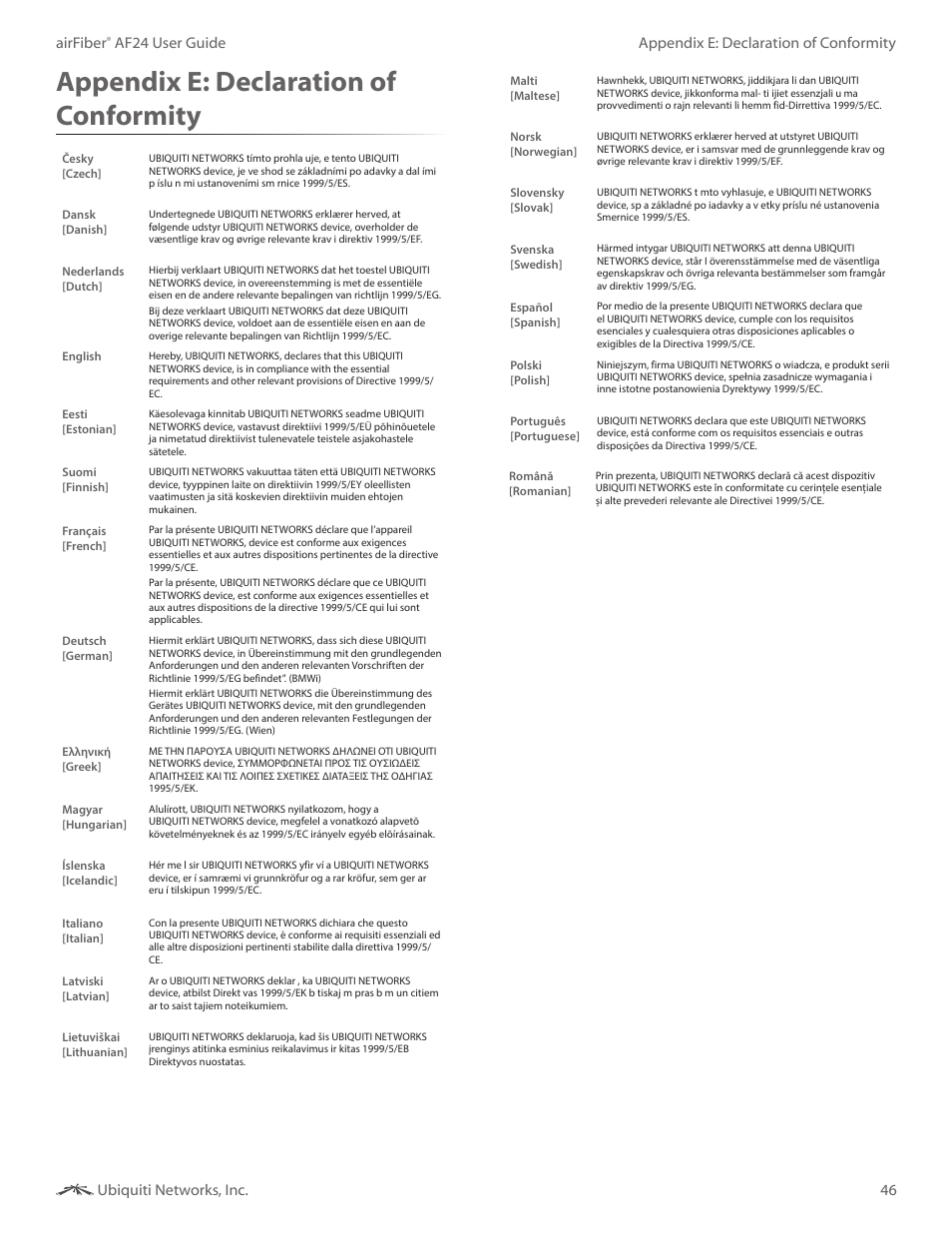 Appendix e: declaration of conformity, Appendix e, Declaration of conformity | 46 appendix e: declaration of conformity airfiber, Af24 user guide ubiquiti networks, inc | Ubiquiti Networks airFibe24 User Manual | Page 49 / 50