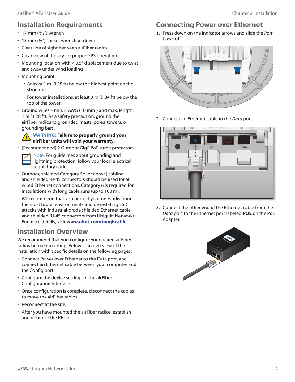 Installation requirements, Installation overview, Connecting power over ethernet | Ubiquiti Networks airFibe24 User Manual | Page 7 / 50