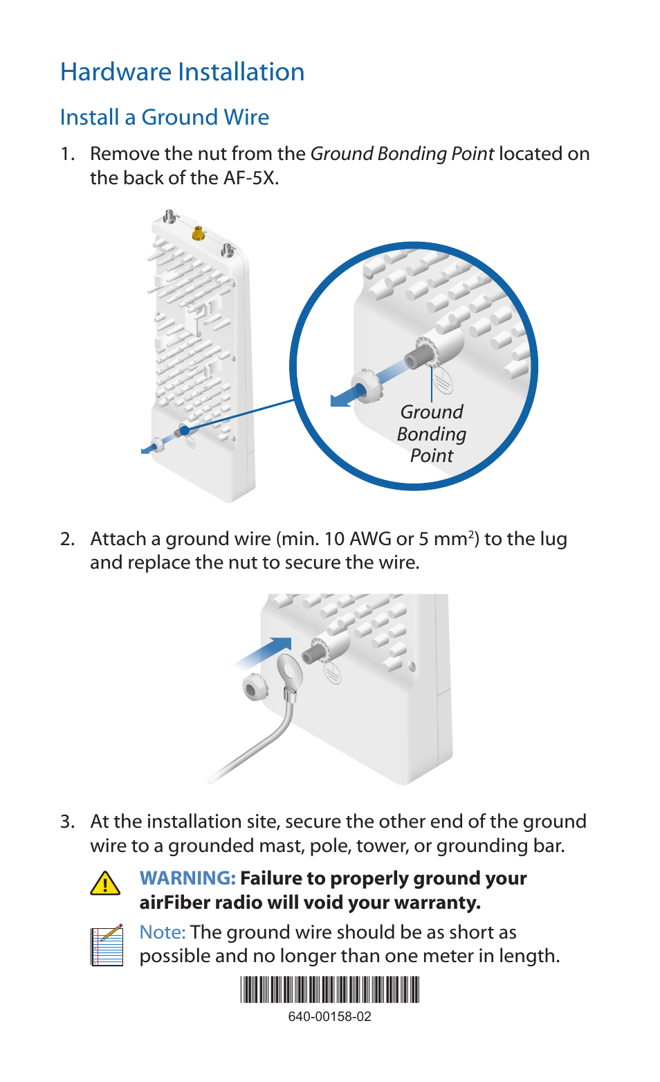 Hardware installation, Install a ground wire | Ubiquiti Networks airFibe5X User Manual | Page 14 / 28